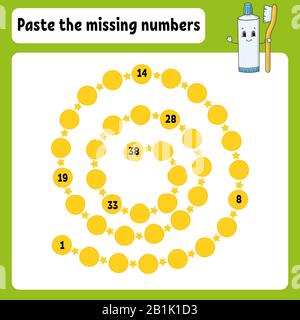 Coller les numéros manquants. La pratique de l'écriture. Numéros d'apprentissage pour les enfants. Développement de l'éducation fiche de travail. Page de l'activité. Jeu pour les enfants. Isolé Illustration de Vecteur