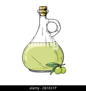 Bouteilles d'esquisse colorées à l'huile d'olive et une plate-forme aux olives. Illustration vectorielle dans le style d'esquisse. Illustration de Vecteur