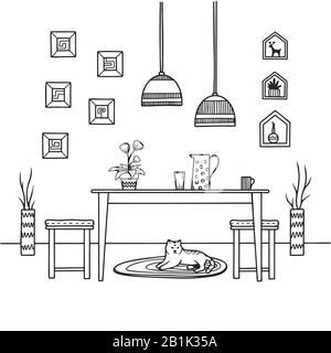 Esquisse salle à manger dans le style boho. Mobilier et de nombreux éléments différents de l'intérieur. Illustration vectorielle. Illustration de Vecteur