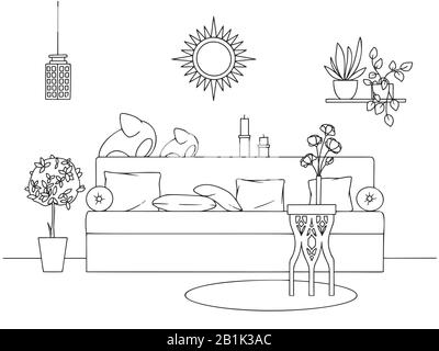 Esquissez un salon confortable dans le style boho. Canapé, table et divers éléments de décoration. Illustration vectorielle dans le style d'esquisse. Illustration de Vecteur