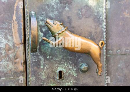 Quedlinburg, Allemagne – 20 Juin 2016. Poignée de porte en forme de porc de la rue Stiftskirche Servatius à Quedlinburg, Allemagne. Banque D'Images