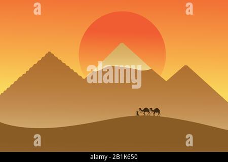 Caravane dans le désert à l'arrière-plan des pyramides et du soleil. Illustration vectorielle dessinée à la main moderne, style plat. Bedouin marchant avec deux chameaux dans le désert, et Illustration de Vecteur