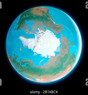 Carte du pôle Nord. Arctique, glace, fonte, changement climatique. Urgence climatique. Expédition scientifique. Vue satellite du globe. rendu tridimensionnel Banque D'Images