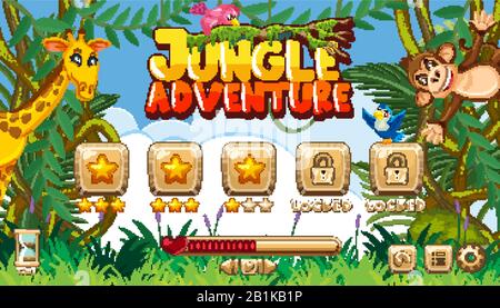 Modèle de jeu pour l'aventure dans la jungle avec de nombreux animaux dans l'illustration de la jungle Illustration de Vecteur