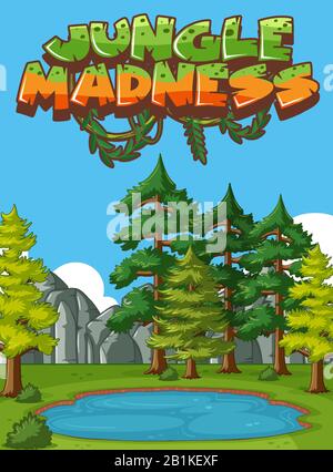 Scène d'arrière-plan avec grand étang et de nombreux arbres dans l'illustration de la jungle Illustration de Vecteur