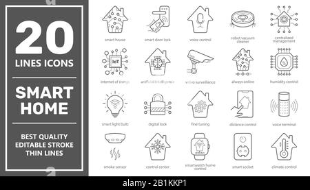 Ensemble d'icônes de ligne vectorielle liées à Smart House. Contient des icônes telles que Smart Lock, robot Vacuum Cleaner, appareil photo, Paramètres d'éclairage, contrôle de l'humidité et Illustration de Vecteur