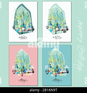 Hygge style de vie heureux carte d'anniversaire illustration avec plantes, serre, lettrage à la main. Bonne carte de plantes tropicales. Parfait pour les amoureux du jardin et des plantes. Illustration de Vecteur