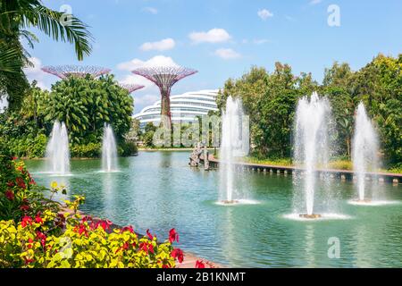 Fontaines d'eau dans les jardins sur la baie, Singapour avec la forêt de superarbres et la véranda plus fraîche en arrière-plan, Singapour, Asie Banque D'Images