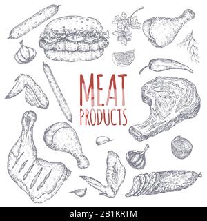 Modèle sans soudure de produits à base de viande comprenant des croquis de viandes froides, saucisses, hamburgers, steaks, poulet, légumes. Illustration de Vecteur