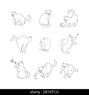 Jeu de neuf chats joueurs dessinés à la main. Illustration de Vecteur