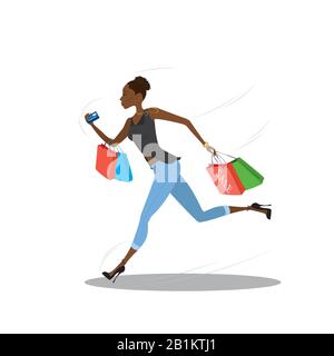 Jeune fille africaine américaine courir avec des sacs de shopping .thème de vente.isolé sur fond blanc. Illustration vectorielle de dessin animé Illustration de Vecteur