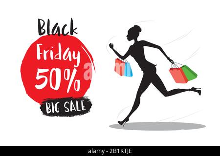 Silhouette de femmes avec des sacs de shopping va au thème du vendredi noir.Big Sale. Illustration vectorielle sur fond blanc Illustration de Vecteur