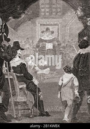 Le procès de Charles I, 1649. Charles I, 1600 – 1649. Le roi d'Angleterre, le roi d'Écosse et le roi d'Irlande ont essayé et exécuté pour haute trahison. De l'Histoire de l'Angleterre, des premiers records à l'année 1802, publié 1812.