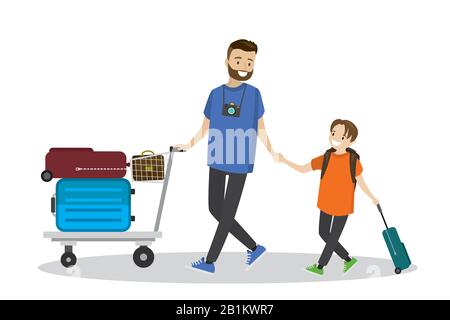 Cartoon Happy People et un chariot d'aéroport avec valises, isolé sur fond blanc, illustration vectorielle Illustration de Vecteur