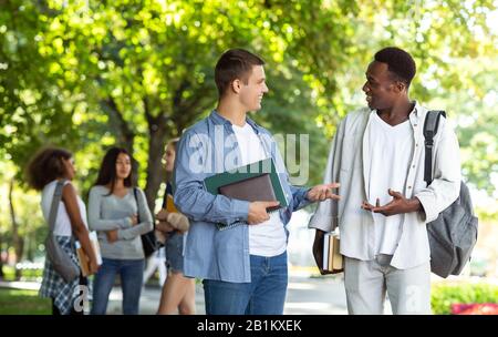 Deux étudiants internationaux ayant une conversation au parc Banque D'Images