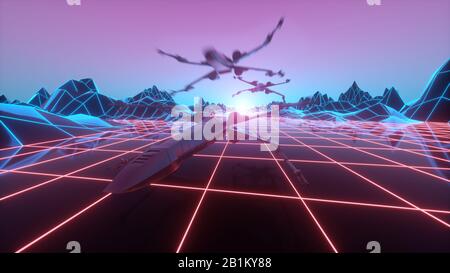 Vaisseau spatial futuriste volant dans l'espace. Rendu tridimensionnel de la machine de jeux d'arcade rétro. Banque D'Images
