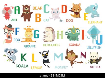 Joli zoo vectoriel alphabet avec animaux dans le style de dessin animé. Illustration de Vecteur