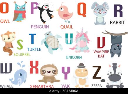Joli zoo vectoriel alphabet avec animaux dans le style de dessin animé. Illustration de Vecteur