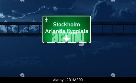 Stockholm Suède Airport Highway Road Sign At Night 3 Illustration Banque D'Images