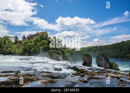 DAS Schloss liegt am linken Ufer des Rheins auf einem steilen Felsen über dem Rheinfall und bietet einen Ausblick über den Rhein und den Wasserfall. Banque D'Images