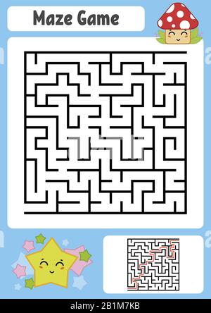 Labyrinthe carré abstrait. Feuilles de travail pour enfants. Puzzle de jeu pour enfants. Belle étoile et champignons. Une entrée, une sortie. Tambour de conuntambour de labyrinthe. Illustrateur vectoriel Illustration de Vecteur