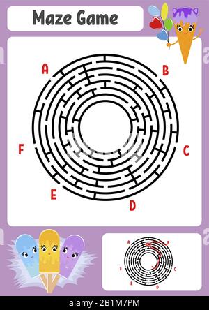 Labyrinthe rond abstrait. Feuilles de travail pour enfants. Puzzle de jeu pour enfants. Mignonne glace de dessin animé. Une entrée, une sortie. Tambour de conuntambour de labyrinthe. Illustrateur vectoriel Illustration de Vecteur