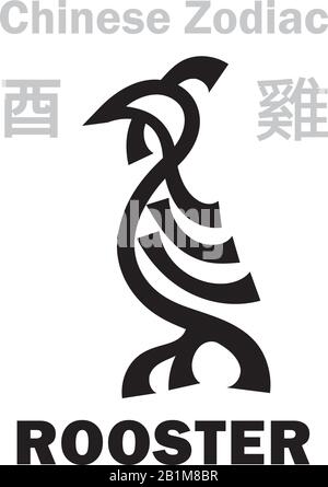 Astrologie Alphabet: Rooster / POULET [雞] signe du zodiaque chinois. Aussi : L'Oiseau Rouge De Feu Ou L'Oiseau Violet De Vermilion (Phœnix). Caractère hiéroglyphique. Illustration de Vecteur