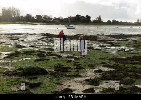 Jeunes enfants / enfants / enfants / enfants filles de 5, 7 et 9 ans marcher sur les vasières / marcher sur des vasières à marée basse quand la mer est sortie et il y a un danger de sable rapide près de Bosham Quay, Chichester dans le West Sussex. ROYAUME-UNI (114) Banque D'Images