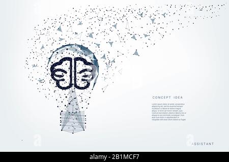 Ampoule de triangles et cerveau lumineux et points. Lignes gris clair d'arrière-plan. Idée de concept. Illustration polygonale vectorielle. Poly faible Banque D'Images
