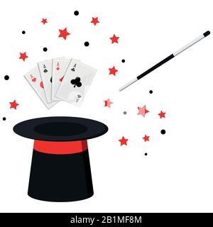 Chapeau noir du magicien, chapeau magique avec as quatre d'une sorte de poker, baguette magique en action et étoile isolée sur fond blanc. Illustration de Vecteur