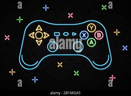 Contrôleur de jeux au néon pour jeux vidéo sur mur de briques noires. Contour lumineux icône de la manette de jeu avec des éléments décoratifs de couleur concept. Desi graphique néon Illustration de Vecteur