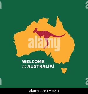 Bienvenue dans l'affiche vectorielle Australie. Carte australienne avec silhouette de kangourou Illustration de Vecteur