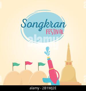 festival songkran pistolet à eau plastique pagode thaïlandaise célébration sable dessin illustration vectorielle Illustration de Vecteur