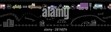 Bordure colorée sans couture sur le noir avec une variété de véhicules, de panneaux, de route. Illustration de Vecteur