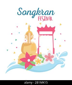 festival songkran buddha gate célèbre site fleurs carte illustration vectorielle Illustration de Vecteur