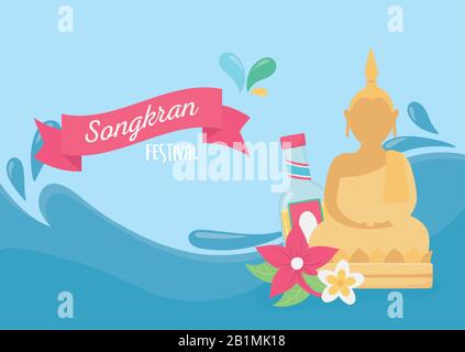 festival songkran eau splash bouddha boire bouteille fleurs carte illustration vectorielle Illustration de Vecteur