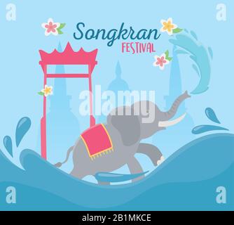 festival songkran éléphant et portail site touristique carte thaïlandaise illustration vectorielle Illustration de Vecteur