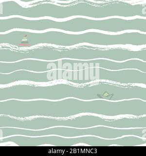les vagues d'arrière-plan sans couture se broguent avec des bateaux à distance Illustration de Vecteur
