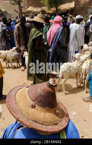 Mali, Djenne, jour du marché, Fulani ou Peulh homme avec le chapeau traditionnel Tengaade /Markttag, Fulbe oder Fulani Mann mit Hut Banque D'Images