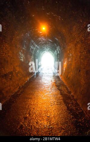 Feu rouge au bout du tunnel de Karangahake, Nouvelle-Zélande. Photo libre de droit. Banque D'Images