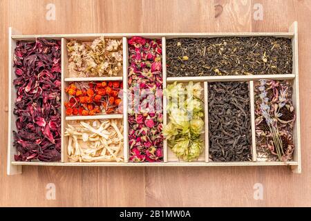 Assortiment de feuilles de thé, baies séchées et fleurs. Concept de boisson saine. Boîte cadeau, fond de planches en bois, vue de dessus, gros plan Banque D'Images