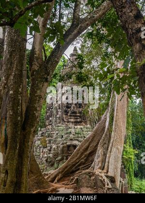 Image de la porte de la Victoire, à l'est d'Angkor Thom; Angkor Wat Archeological Park, Siem Reap, Cambodge. Banque D'Images