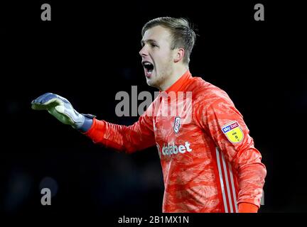 Fulham gardien Marek Rodak durant la Sky Bet match de championnat à Craven Cottage, à Londres. Banque D'Images