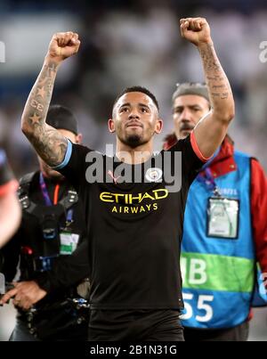 Gabriel Jesus de Manchester City célèbre après le match de 16 premières jambes de la Ligue des Champions de l'UEFA à Santiago Bernabeu, Madrid. Banque D'Images