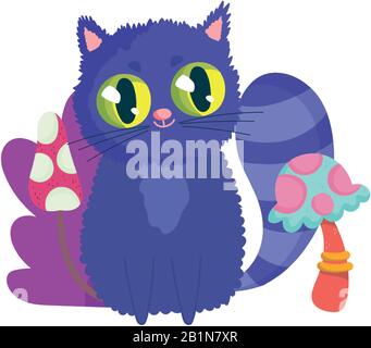 wonderland, chat avec illustration vectorielle de personnage de caricature de champignons Illustration de Vecteur
