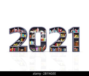 Nouvelle Année 2021 Concept De Création Avec Étagère De Livre - Image De Rendu Tridimensionnelle Banque D'Images