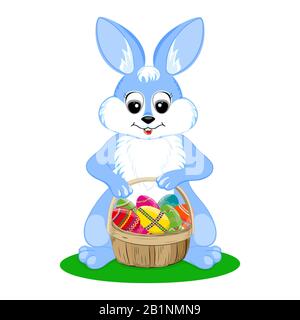 Joli lapin de Pâques avec un panier d'œufs. Un lièvre contient un panier d'œufs peints. .Illustration Banque D'Images