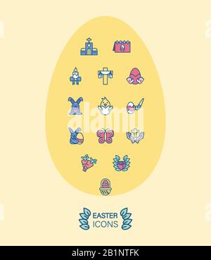 mignonne joyeuses icônes de pâques sur fond d'oeuf jaune, design coloré, l'ilustation vectorielle Illustration de Vecteur