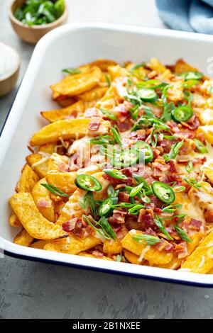 Frites au fromage avec bacon et oignons verts Banque D'Images