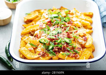 Frites au fromage avec bacon et oignons verts Banque D'Images